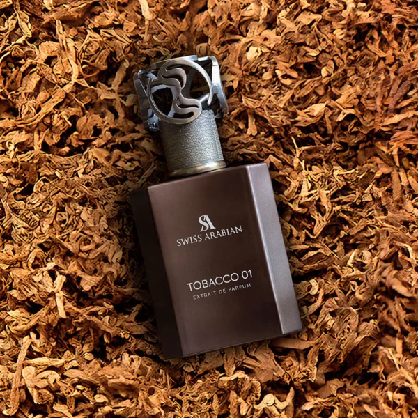 Swiss Arabian Tobacco 01 parfüm dohánylevél háttéren – fás, dohányos illat